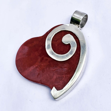 PD 08150 CR-(HANDMADE 925 BALI SILVER HEART PENDANT WITH CORAL)